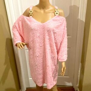 Beaded Fluffy Pink/Pearl Dress with Gold Accent Straps